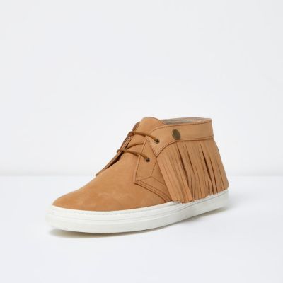 Tan leather fringed desert boots